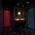 Modern Public Restroom With Black Marble Floors Red Blue Doors And Gold Accent Mirrors