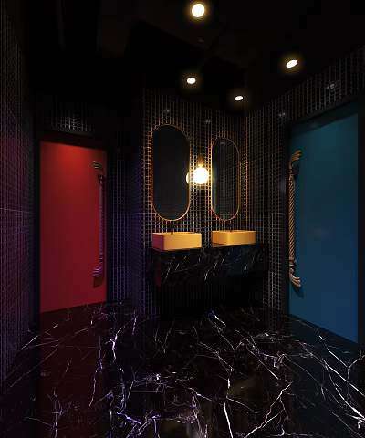 Modern Public Restroom With Black Marble Floors Red Blue Doors And Gold Accent Mirrors 3d model