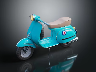 Turquoise Vintage Scooter with Tan Seat and Round Emblem on Dark Background with Reflection 3d model