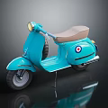 Turquoise Vintage Scooter with Tan Seat and Round Emblem on Dark Background with Reflection