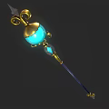 Enchanted Glowing Blue Gem Staff With Golden Decorations And Long Pole