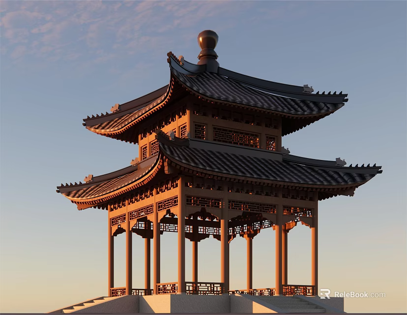 Garden Landscape Featuring Traditional Chinese Pavilion With Multi Tiered Roof And Carved Wooden Details 3d model 