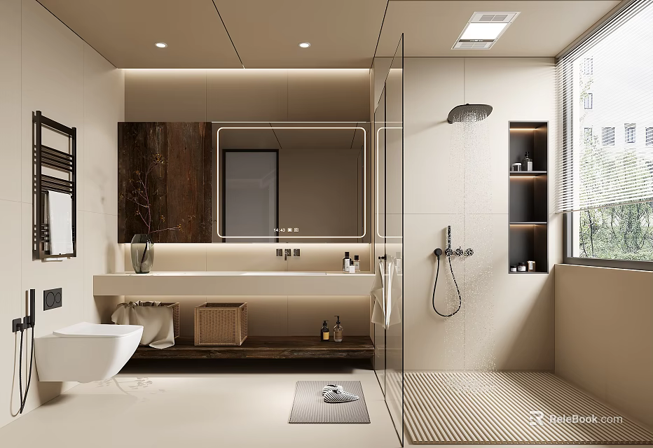 Modern Bathroom Interior Design With Glass Shower Large Mirror Window And Wooden Vanity 3d model 