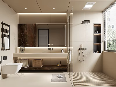 Modern Bathroom Interior Design With Glass Shower Large Mirror Window And Wooden Vanity 3d model
