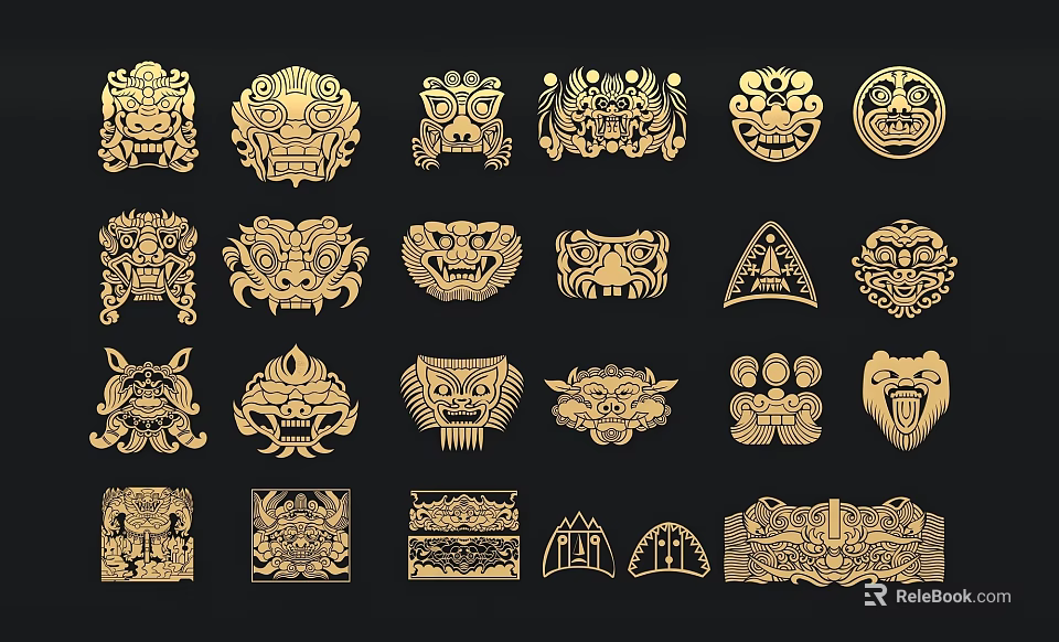 Golden Carvings Featuring Various Animal Faces And Geometric Patterns On Black Background 3d model 