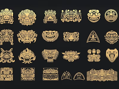 Golden Carvings Featuring Various Animal Faces And Geometric Patterns On Black Background 3d model