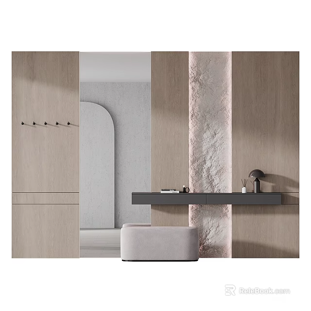 Modern Wooden Shoe Cabinet Design With Coat Hooks Bench And Countertop 3d model 