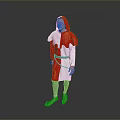 Man in Red and White Hooded Costume with Belt Standing Against Gray Background