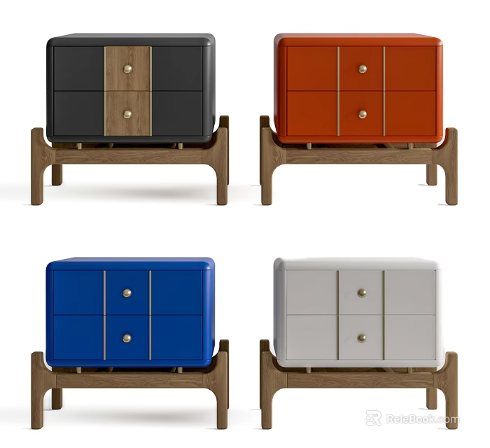 Set of Four Multicolored Modern Nightstands With Drawers And Wooden Legs 3d model 