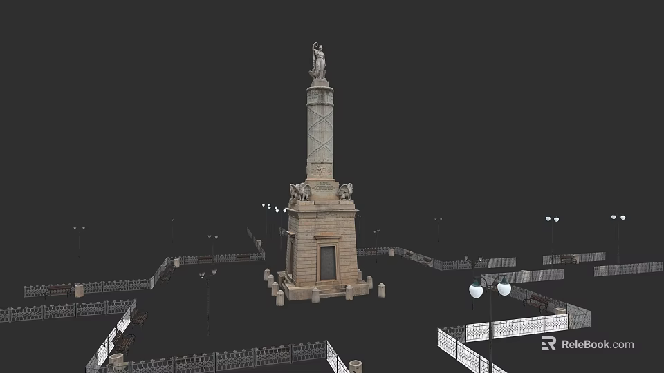 Park Landscape Featuring Monument With Statue Surrounded By Fence And Street Lamps 3d model 