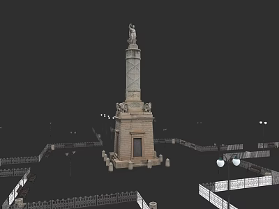 Park Landscape Featuring Monument With Statue Surrounded By Fence And Street Lamps 3d model