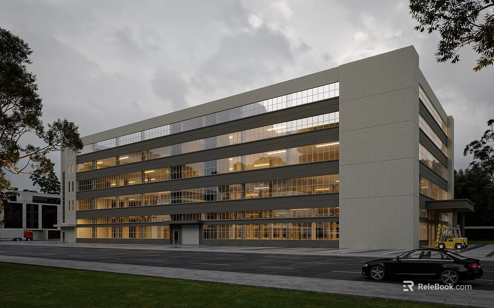 Multi Storey Modern Industrial Factory Building With Large Glass Windows And Interior Lighting 3d model 