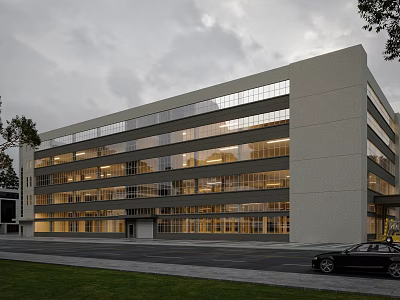 Multi Storey Modern Industrial Factory Building With Large Glass Windows And Interior Lighting 3d model