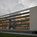 Multi Storey Modern Industrial Factory Building With Large Glass Windows And Interior Lighting