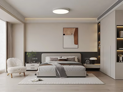 Modern Minimalist Bedroom Interior With Bed Nightstand Artwork Chair Area Rug And Wardrobe 3d model