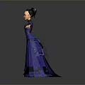 Child in Elegant Blue Princess Dress with Black Hair Necklace and Outstretched Arms
