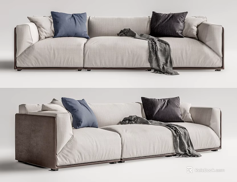 Modern Beige Sectional Sofa With Linen Fabric Blue Dark Pillows And Knitted Blanket 3d model 