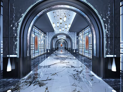 Luxurious Modern KTV Corridor With Arched Doorways Glass Walls Marble Flooring And Chandeliers 3d model