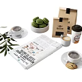 Delicious Coffee With Green Macarons And Cookies On Newspaper With Olive Branch And Paper Bags