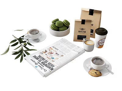 Delicious Coffee With Green Macarons And Cookies On Newspaper With Olive Branch And Paper Bags 3d model
