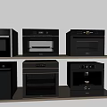 Modern Black Household Appliances With Oven Coffee Maker And Gold Accent Features