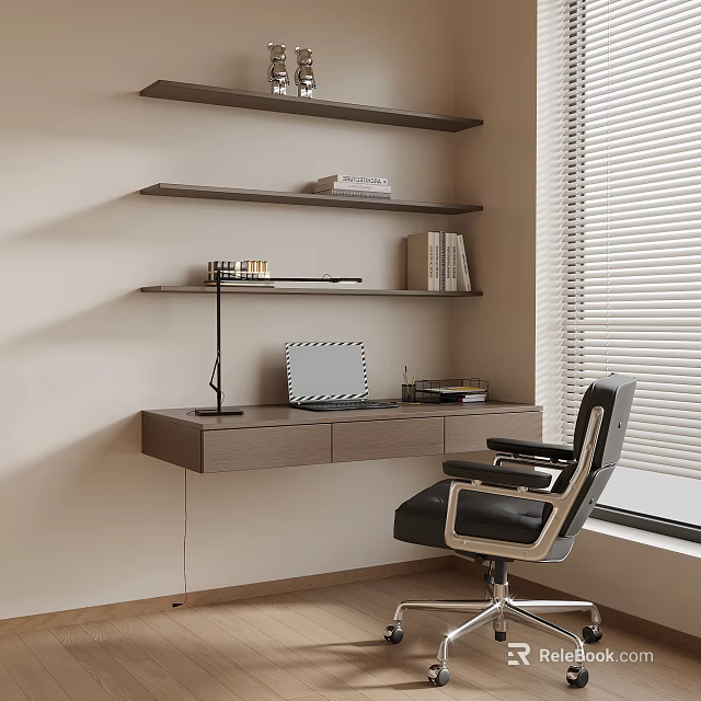 Modern Wall Mounted Desk with Laptop Desk Lamp Books and Leather Chair 3d model 