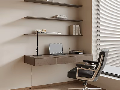 Modern Wall Mounted Desk with Laptop Desk Lamp Books and Leather Chair 3d model