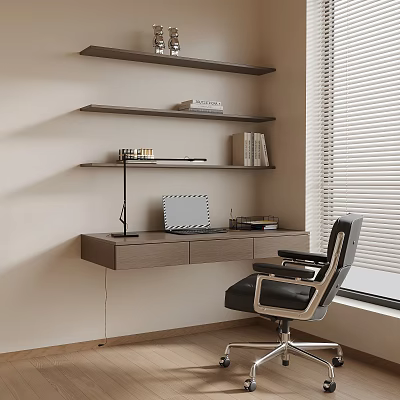 Modern Wall Mounted Desk with Laptop Desk Lamp Books and Leather Chair 3d model