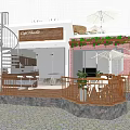 Garden Landscape Design With Modern Buildings Green Plants Wooden Deck And Umbrellas