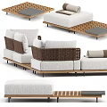 Light Colored Outdoor Sofa With Wicker Armrests And Wooden Frame Modules 3d model