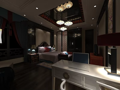 Elegant Hotel Guest Room Interior With Stylish Chandeliers Comfortable Bed And Wooden Desk 3d model