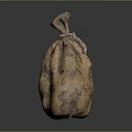 Worn Brownish Yellow Burlap Storage Bag With Stained Surface And Rope Tie