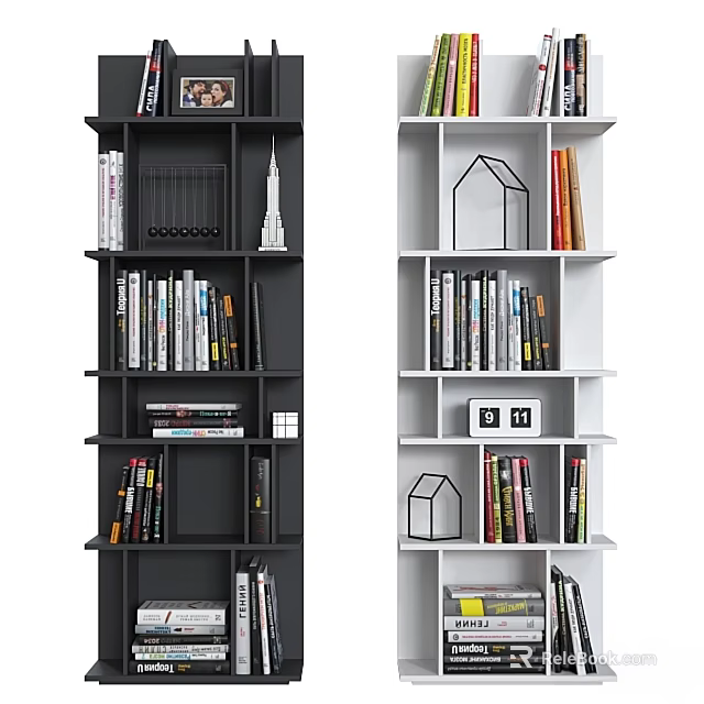 Modern Black and White Shelving Unit with Books and Decorative Storage 3d model 