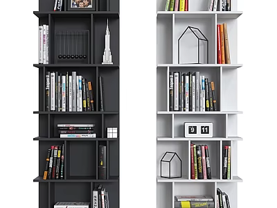 Modern Black and White Shelving Unit with Books and Decorative Storage 3d model