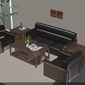 Black Leather Sofa and Wooden Coffee Table Set with Green Plant Magazine and Decor