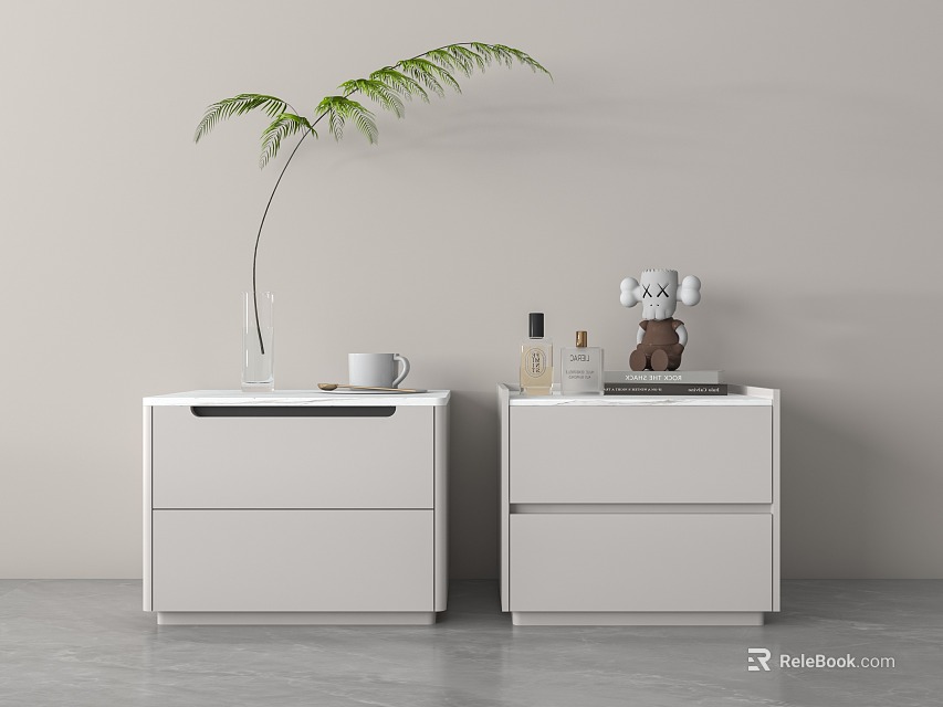 Modern White Bedside Tables with Green Plant White Cup Perfume Bottles and Decorative Items 3d model 