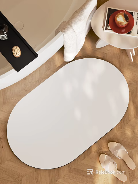 Modern Bathroom Interior With Oval White Mirror Wooden Floor Bathtub And White Towel 3d model 