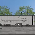 Modern Outdoor Garden Feature Wall with Circular Design Linear Patterns Trees Rocks and Courtyard Chair