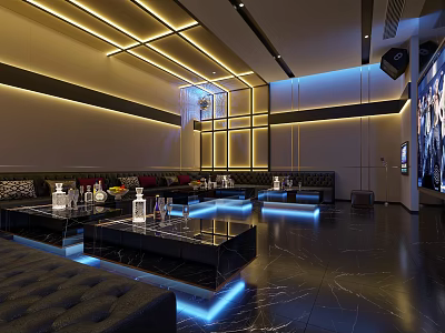 Luxurious KTV Lounge Interior With Sofas Coffee Tables Ambient Lighting And Large Screen 3d model