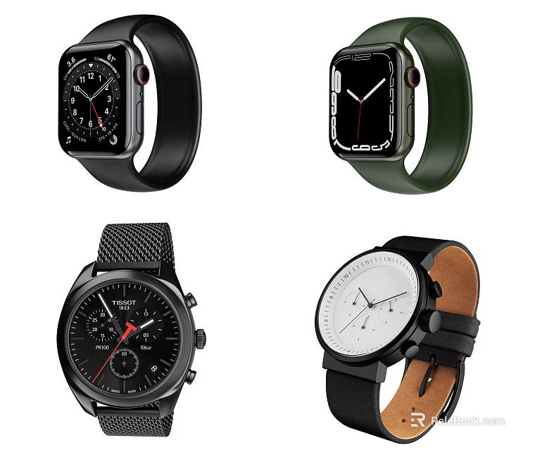 Different Types of Watches Smart and Traditional with Leather Mesh Straps and Black White Dials 3d model 