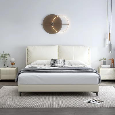Modern Double Bed With Cream Upholstered Headboard Plaid Pillow And Round Wall Decor 3d model