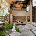 Japanese Courtyard Garden With Wooden Structure Latticed Fence Green Plants Stones Pebble Ground And Lanterns