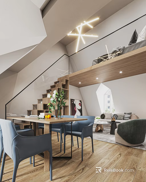 Modern Living Dining Room Interior With Wooden Table Blue Chairs Sofa And Glass Railing Staircase 3d model 