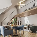Modern Living Dining Room Interior With Wooden Table Blue Chairs Sofa And Glass Railing Staircase