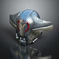 Futuristic Sci Fi Helmet With Metallic Finish Red Glowing Accents And Mechanical Details