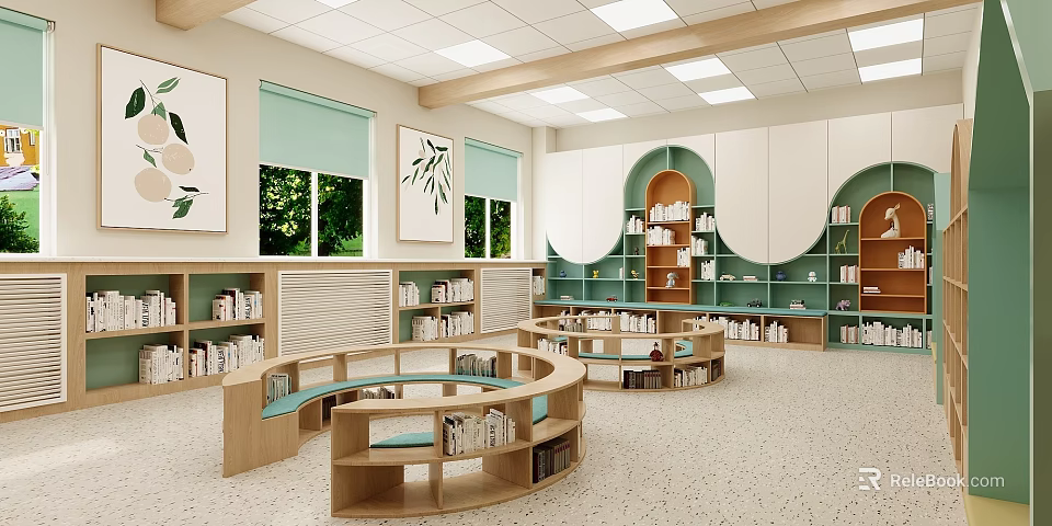 Artistic Library Interior With Curved Bookshelves Green Accents And Natural Light 3d model 