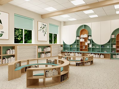 Artistic Library Interior With Curved Bookshelves Green Accents And Natural Light 3d model