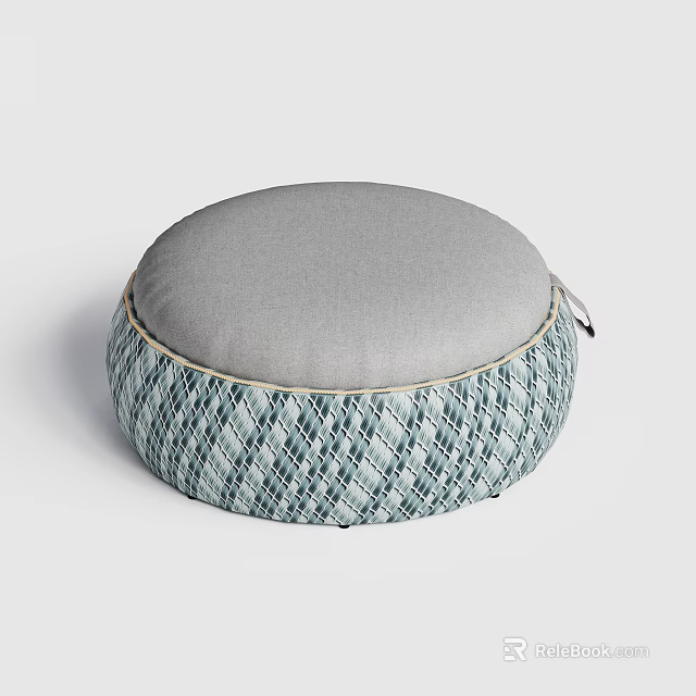 Round Teal Woven Ottoman With Gray Cushion And Minimalist Design For Living Room 3d model 