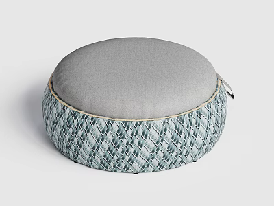 Round Teal Woven Ottoman With Gray Cushion And Minimalist Design For Living Room 3d model