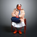 Elderly Woman Sitting On Chair With Beige Coat Blue Polka Dot Bag And Orange Shoes